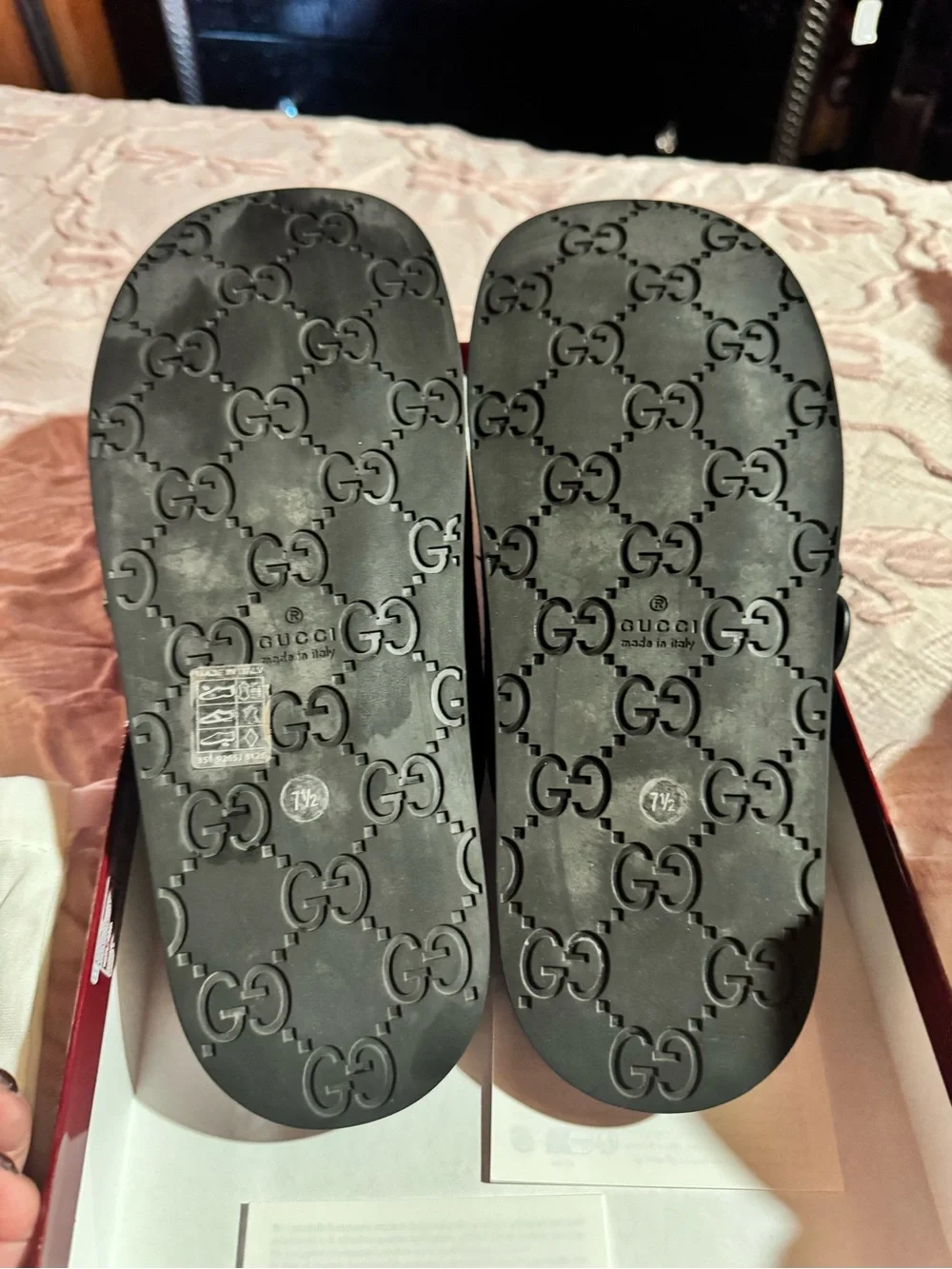 Gucci Black Double Buckle GG Canvas Slides